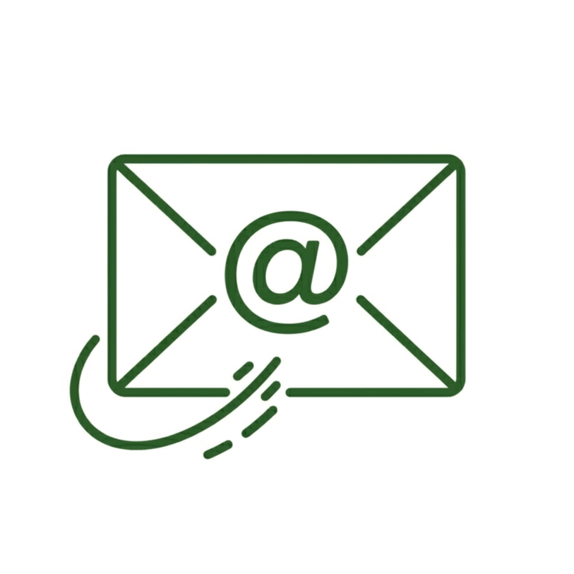 Line drawing of an envelope with an '@' symbol in the center and a dashed arrow pointing toward it, representing email or electronic messaging.