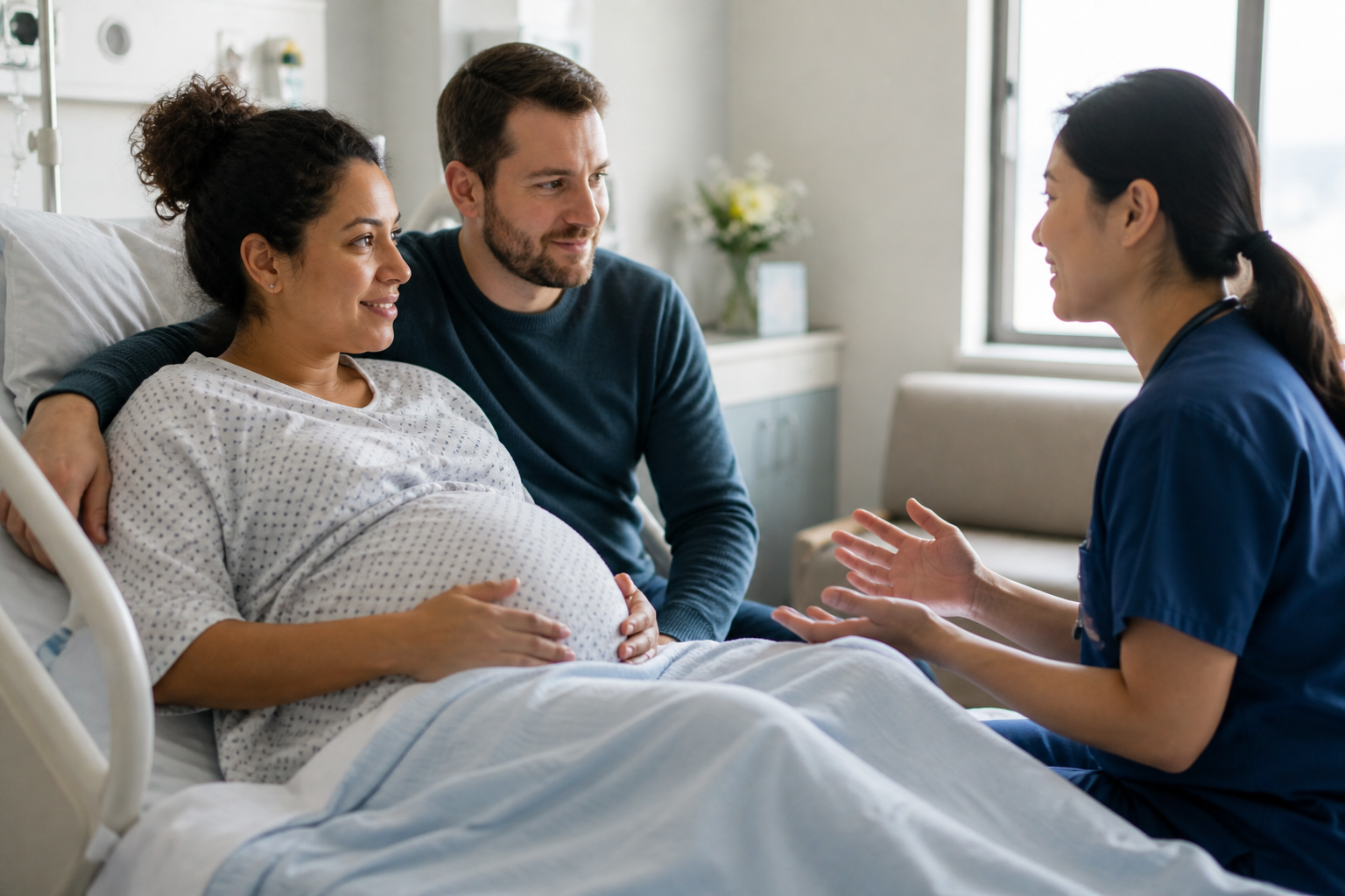 Pregnant woman in hospital bed talking with a male visitor and a female nurse in a hospital room. CPAM support.