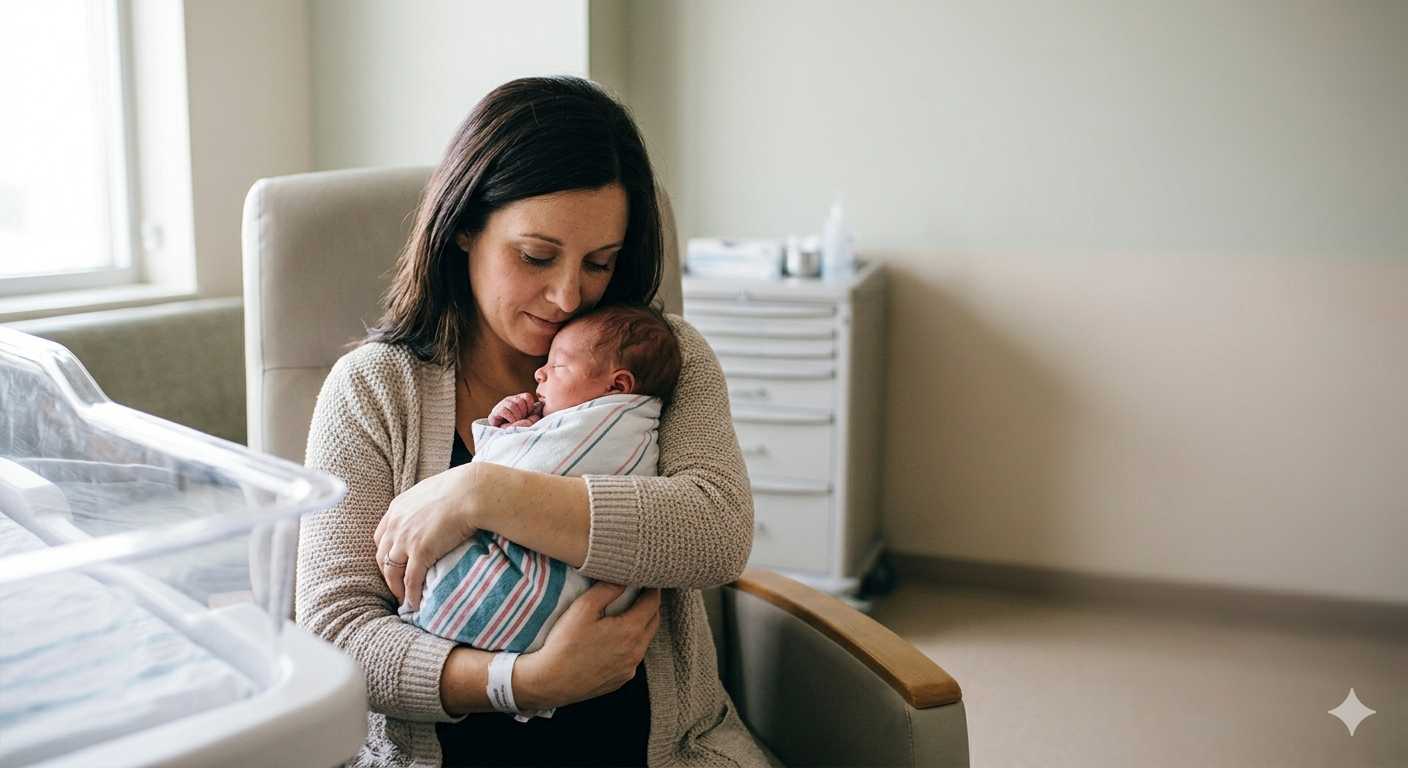A woman holding a newborn baby in a hospital room.