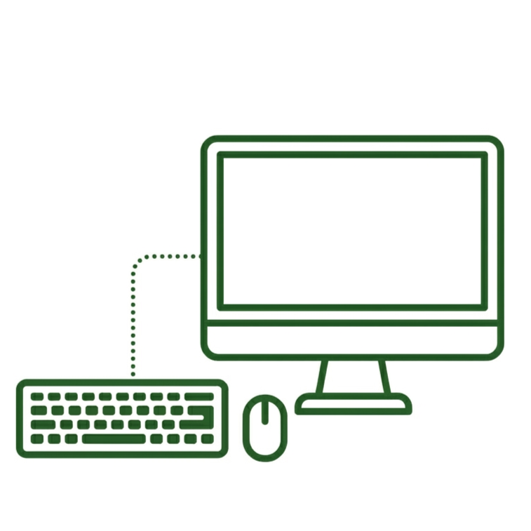 Outline illustration of a computer monitor, keyboard, and mouse.