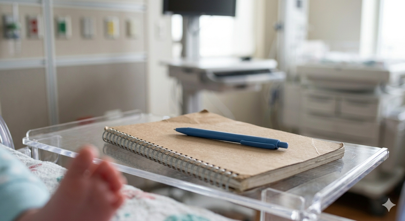 Hospital or medical setting with a patient bedside table holding a spiral notebook and a blue pen, with medical equipment visible in the background.