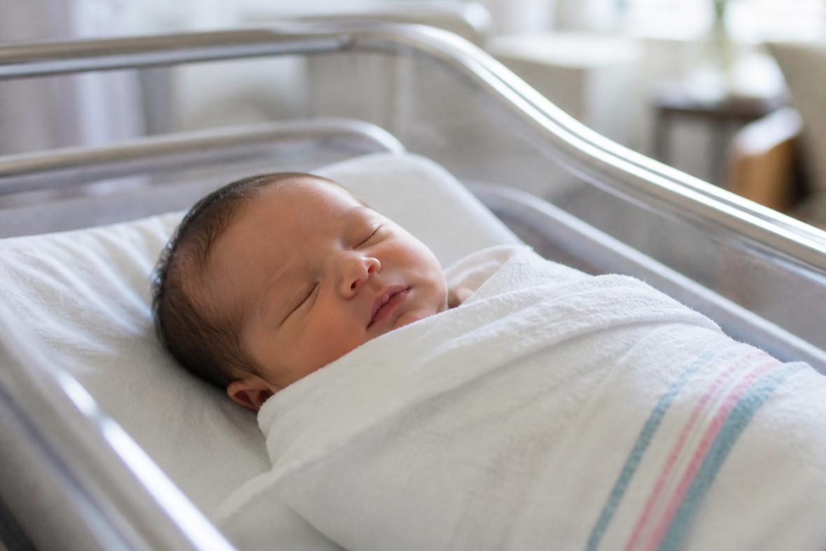 Newborn baby sleeping in a hospital bassinet, wrapped in a white blanket.