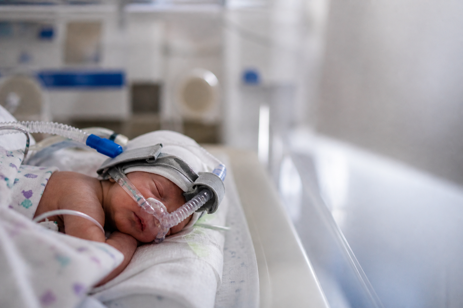 A newborn baby lying in a hospital incubator wearing a hat and a breathing mask connected to medical tubing.