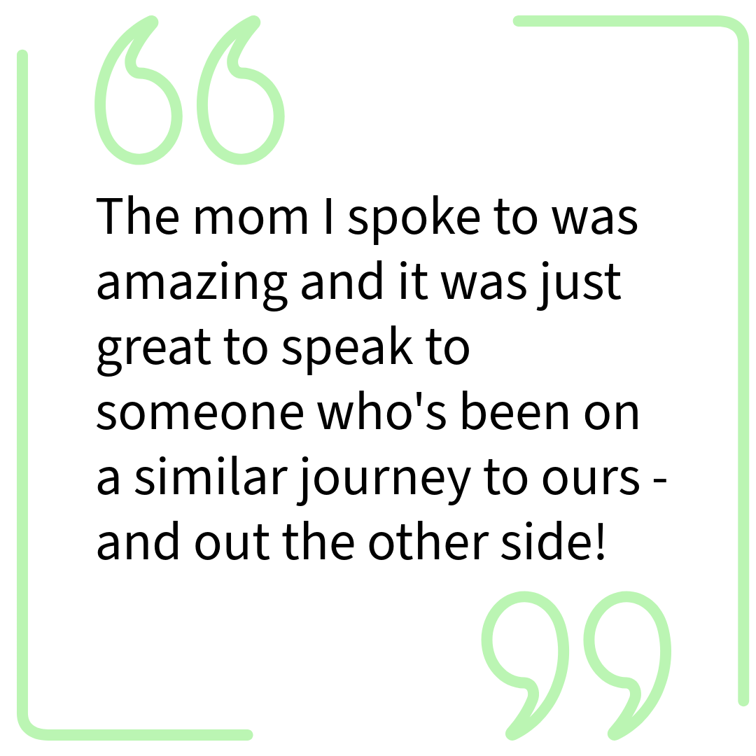Quote with green quotation marks and border, containing a message about a meaningful conversation with a mother, expressing gratitude and understanding.