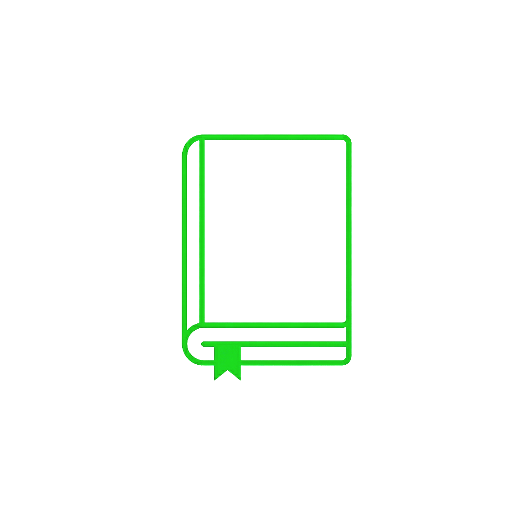 Green outline of a closed book with a bookmark ribbon on a black background.