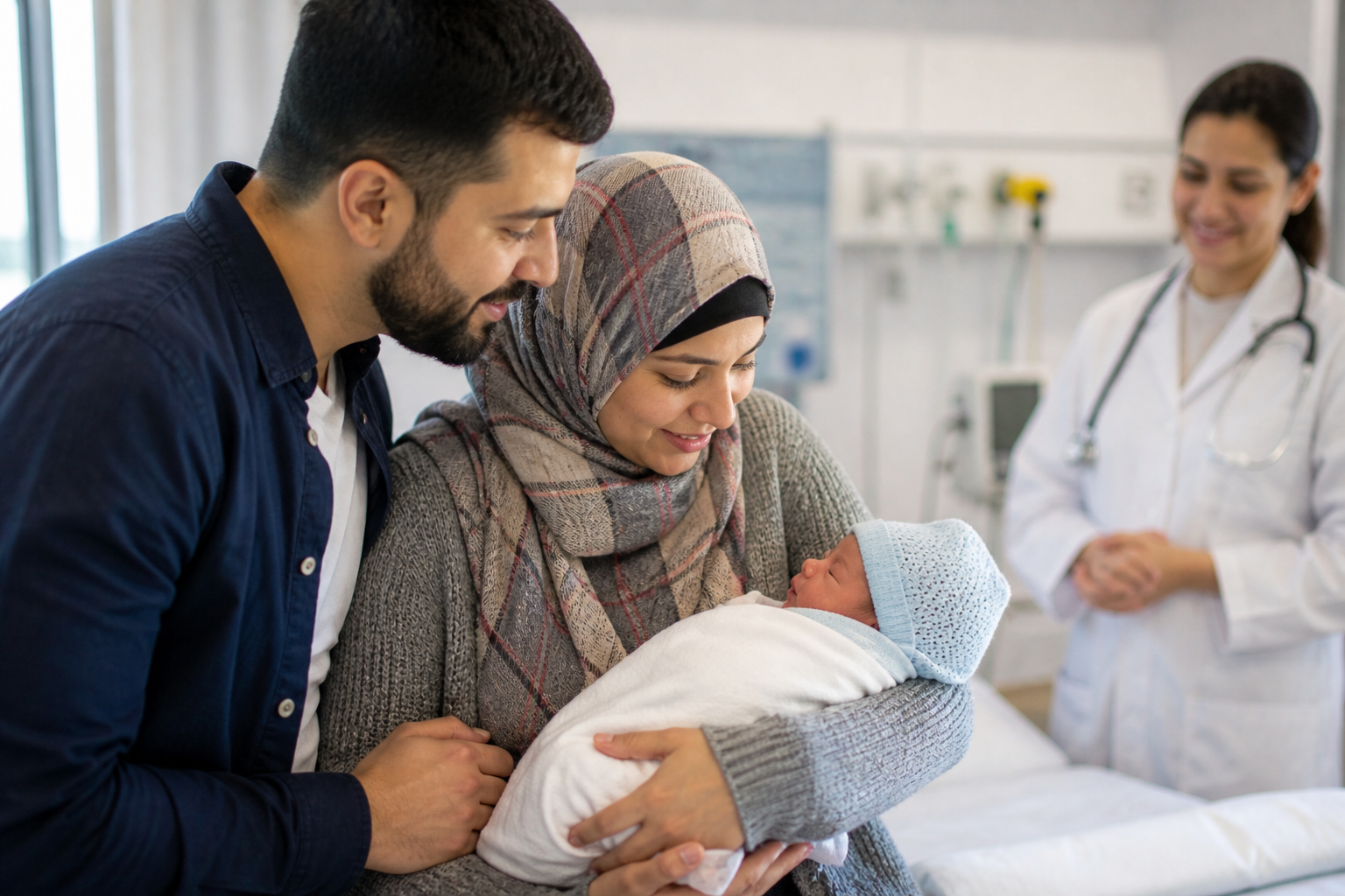A woman in a headscarf holding a newborn baby in a hospital, with a man beside her, and a female doctor with a stethoscope in the background.