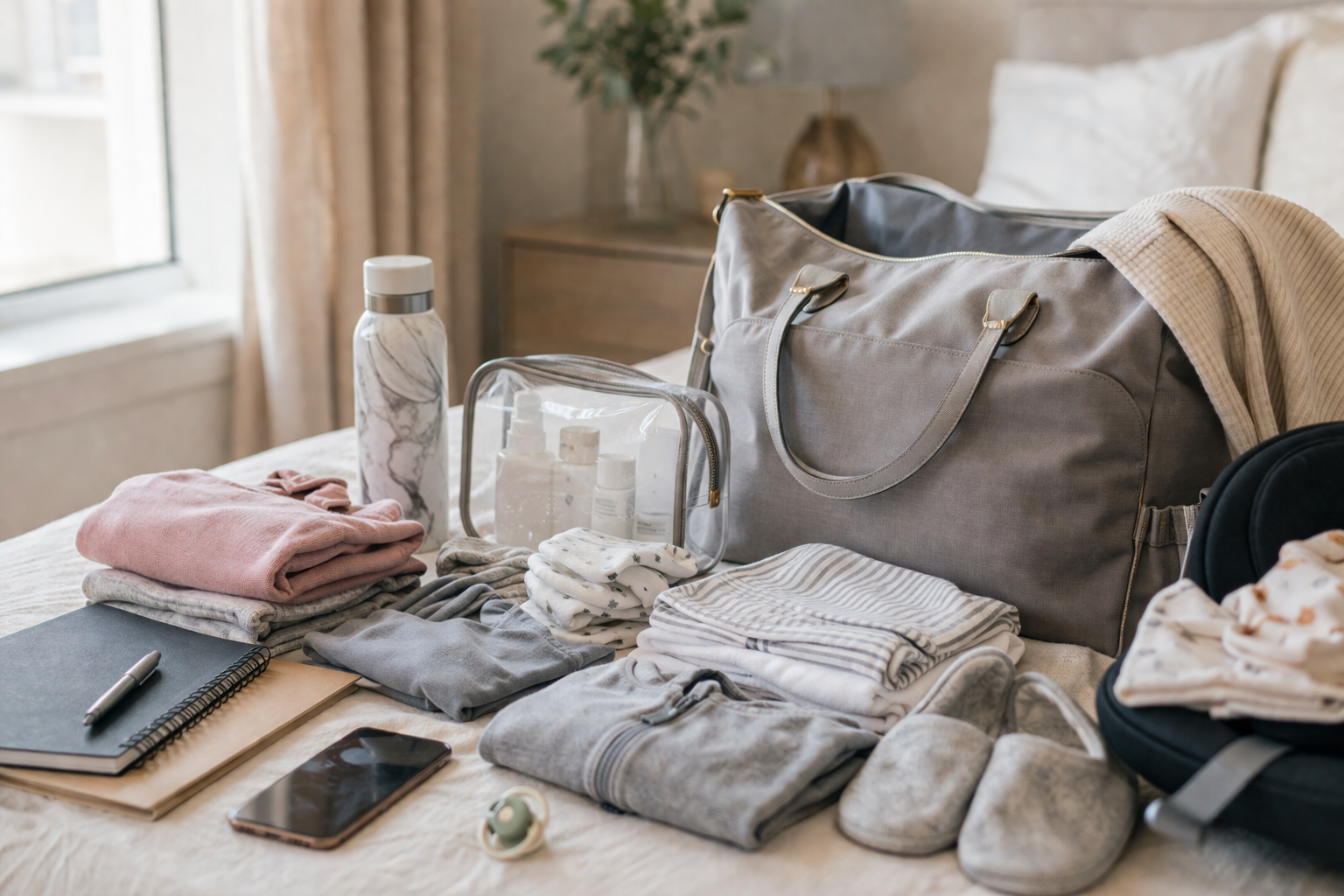 Packing list with clothes, toiletries, water bottle, and travel bag on a bed in a bedroom