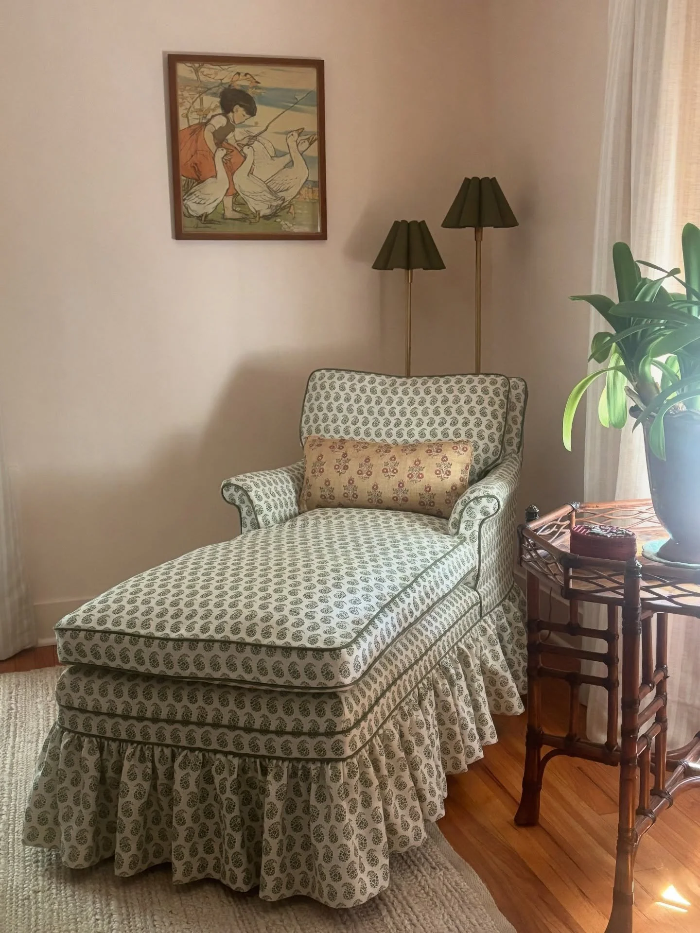 This little bedroom nook makes my heart happy 🍒🧺
I wanted the space to feel like a page out of a storybook&mdash;familiar, cheerful, and softly romantic. The birds and cherries headboard set the tone (I couldn&rsquo;t resist those birds!), and ever