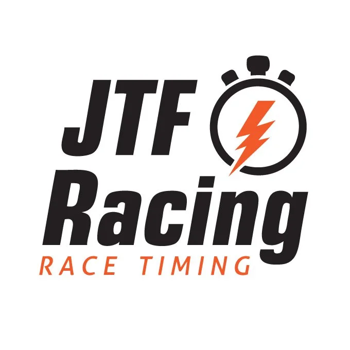 Logo for JTF Racing with a stopwatch graphic and a lightning bolt, featuring the text 'JTF Racing' and 'Race Timing'.