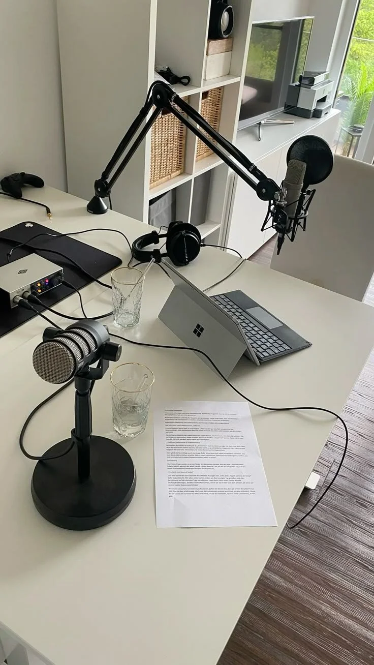 A podcast recording setup on a white table includes a microphone on a stand, headphones, a small tablet, a laptop, and printed notes. There's a glass of water in front of the microphone and a glass with a straw nearby. In the background, there is a shelving unit with decorative baskets, a TV, and a window with greenery outside.
