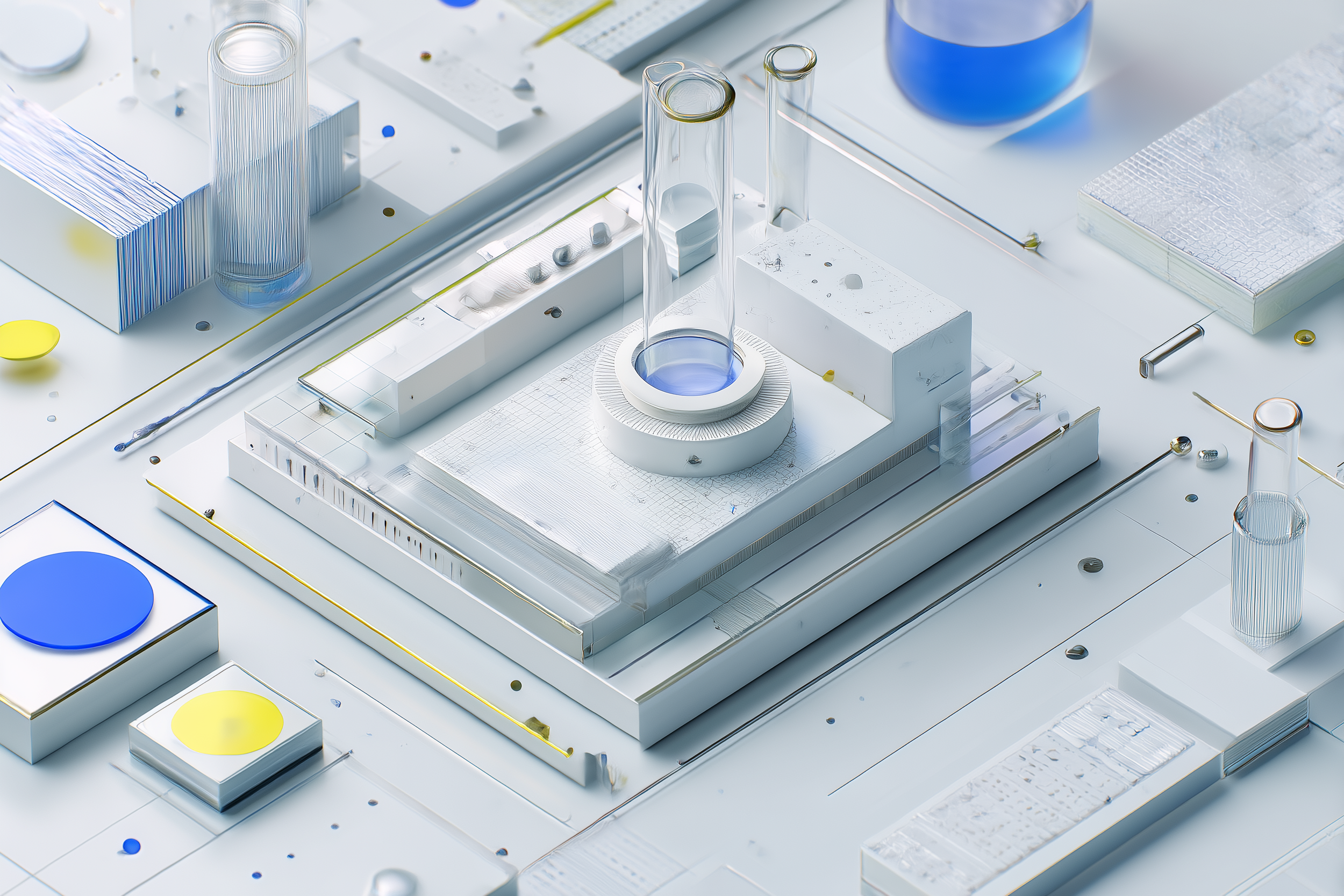 A futuristic, minimalistic laboratory setup with test tubes, petri dishes, and scientific equipment on a white surface, featuring a sleek design with clear and blue accents.