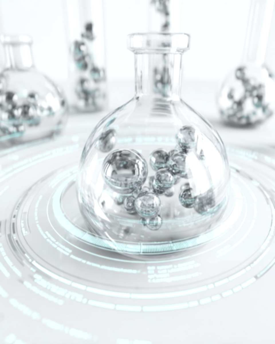 A futuristic, clear glass laboratory flask with metallic balls inside, sitting on a glowing, high-tech digital interface.