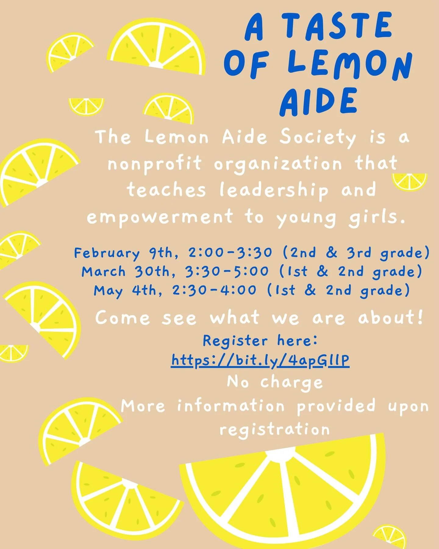 Calling all 1st, 2nd and 3rd grade girls!  Come join us for A Taste of Lemon Aide!  Experience what makes our girls&rsquo; leadership and service program so special.  Link in bio.