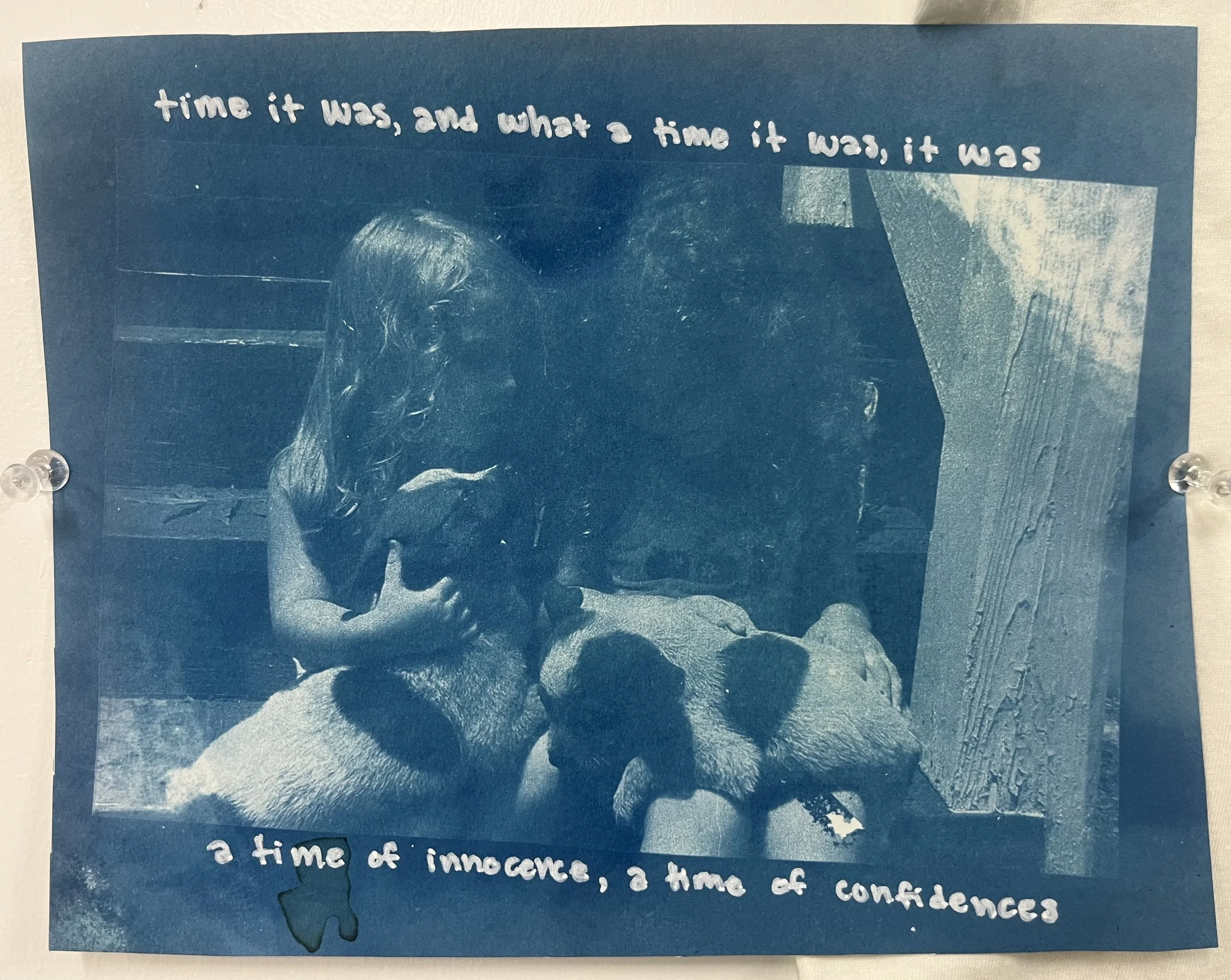 "a shared innocence." cyanotypes on cardstock and a cotton t-shirt. most images found on my childhood home desktop. others taken on my iPhone in 2016 and 2021. 
lyrics from "Bookends Theme (Reprise)" by Simon & Garfunkel.