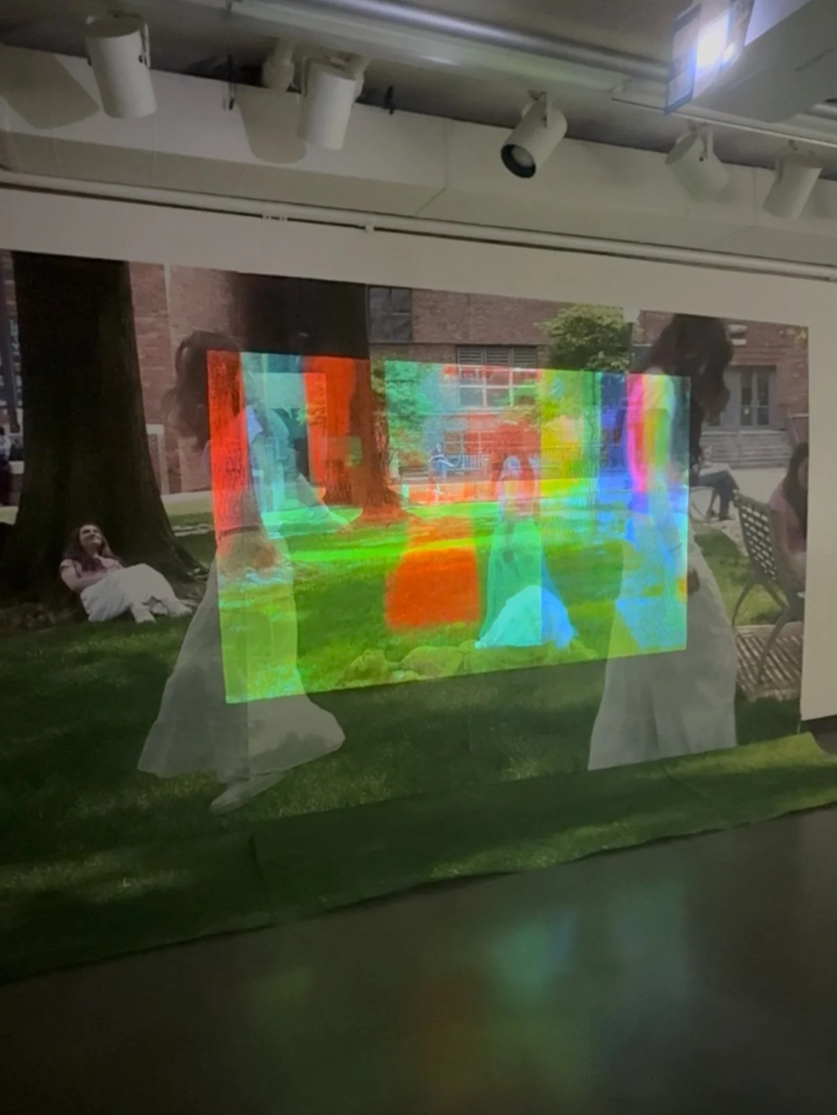 gif (created on photoshop) projected on four prints (made in photoshop and indesign). images are stills from a video taken on my kodak pixpro az528. audio edited in adobe audition. background music from audio archives. may, 2025.