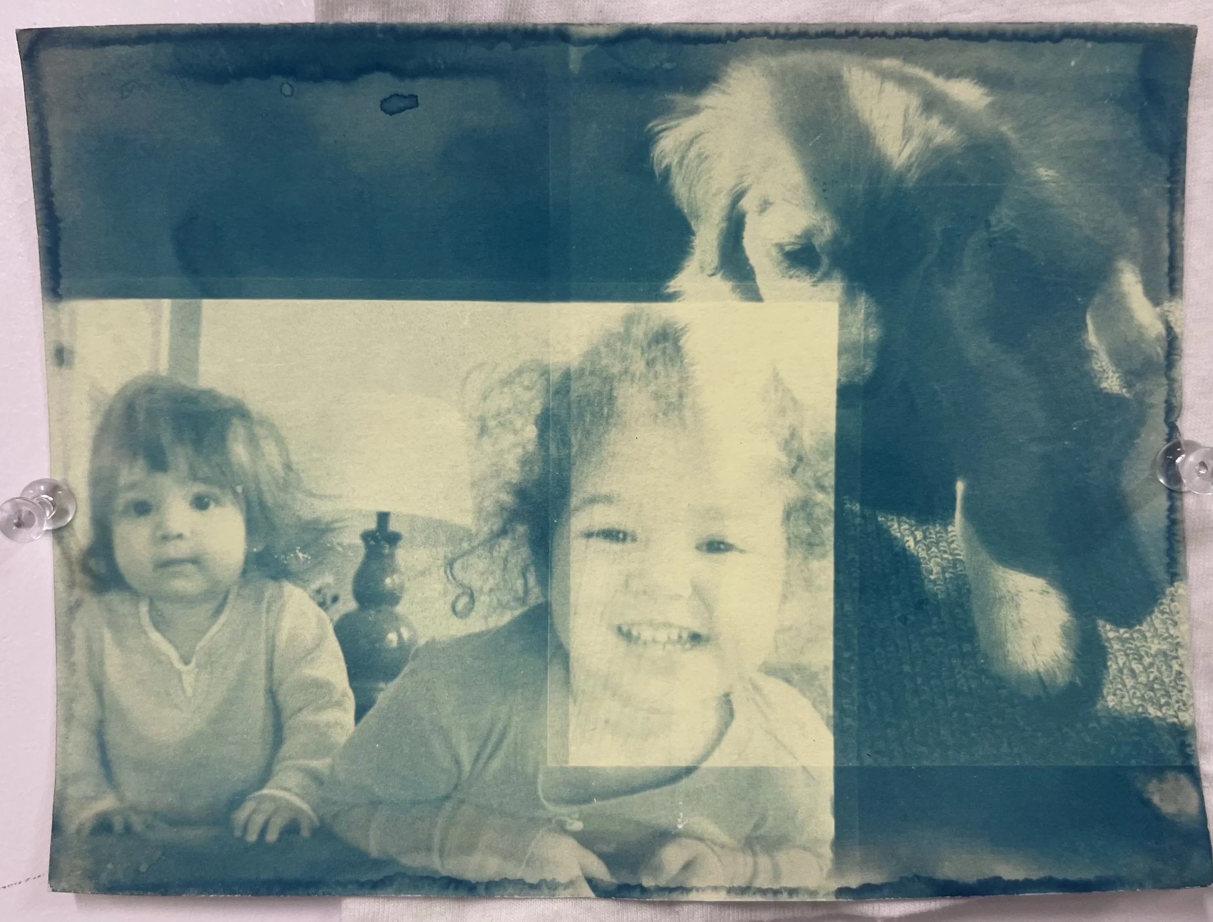 "a shared innocence." cyanotypes on cardstock and a cotton t-shirt. most images found on my childhood home desktop. others taken on my iPhone in 2016 and 2021. 
lyrics from "Bookends Theme (Reprise)" by Simon & Garfunkel.