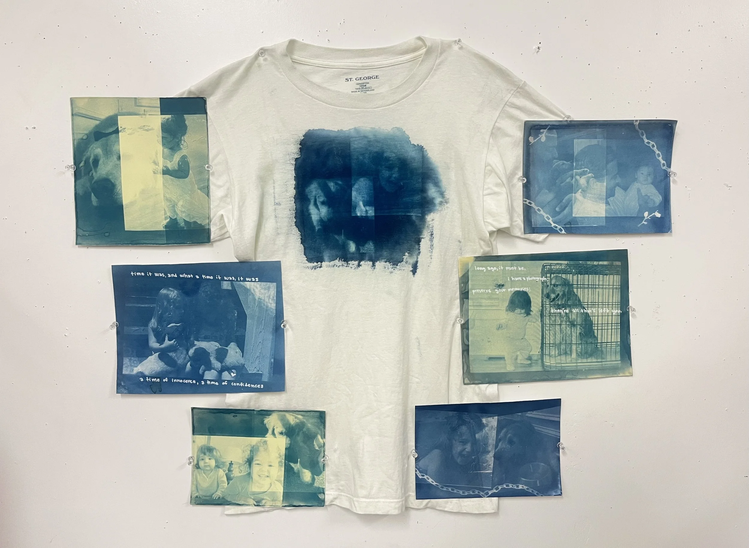 "a shared innocence." cyanotypes on cardstock and a cotton t-shirt. most images found on my childhood home desktop. others taken on my iPhone in 2016 and 2021. 
lyrics from "Bookends Theme (Reprise)" by Simon & Garfunkel.