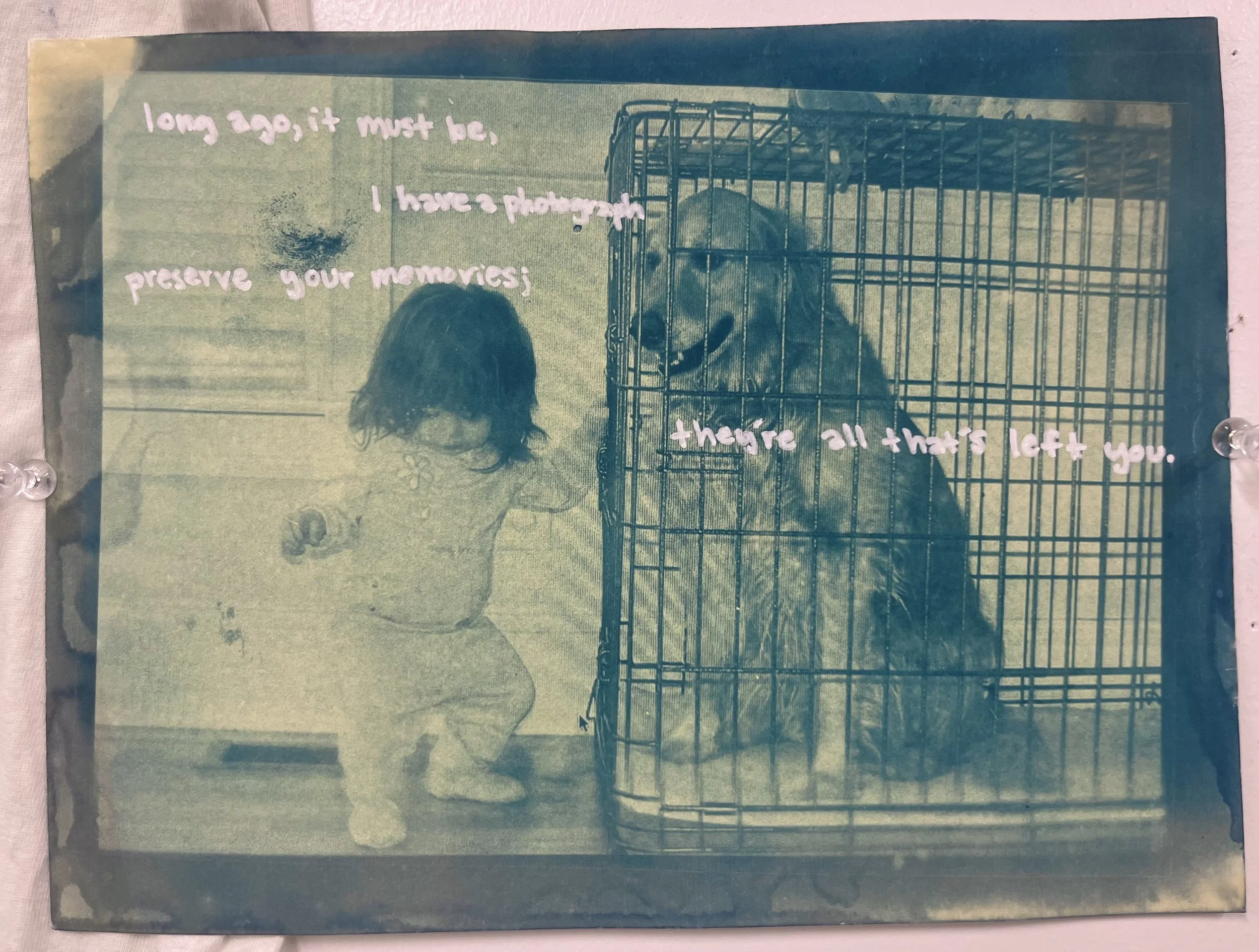 "a shared innocence." cyanotypes on cardstock and a cotton t-shirt. most images found on my childhood home desktop. others taken on my iPhone in 2016 and 2021. 
lyrics from "Bookends Theme (Reprise)" by Simon & Garfunkel.