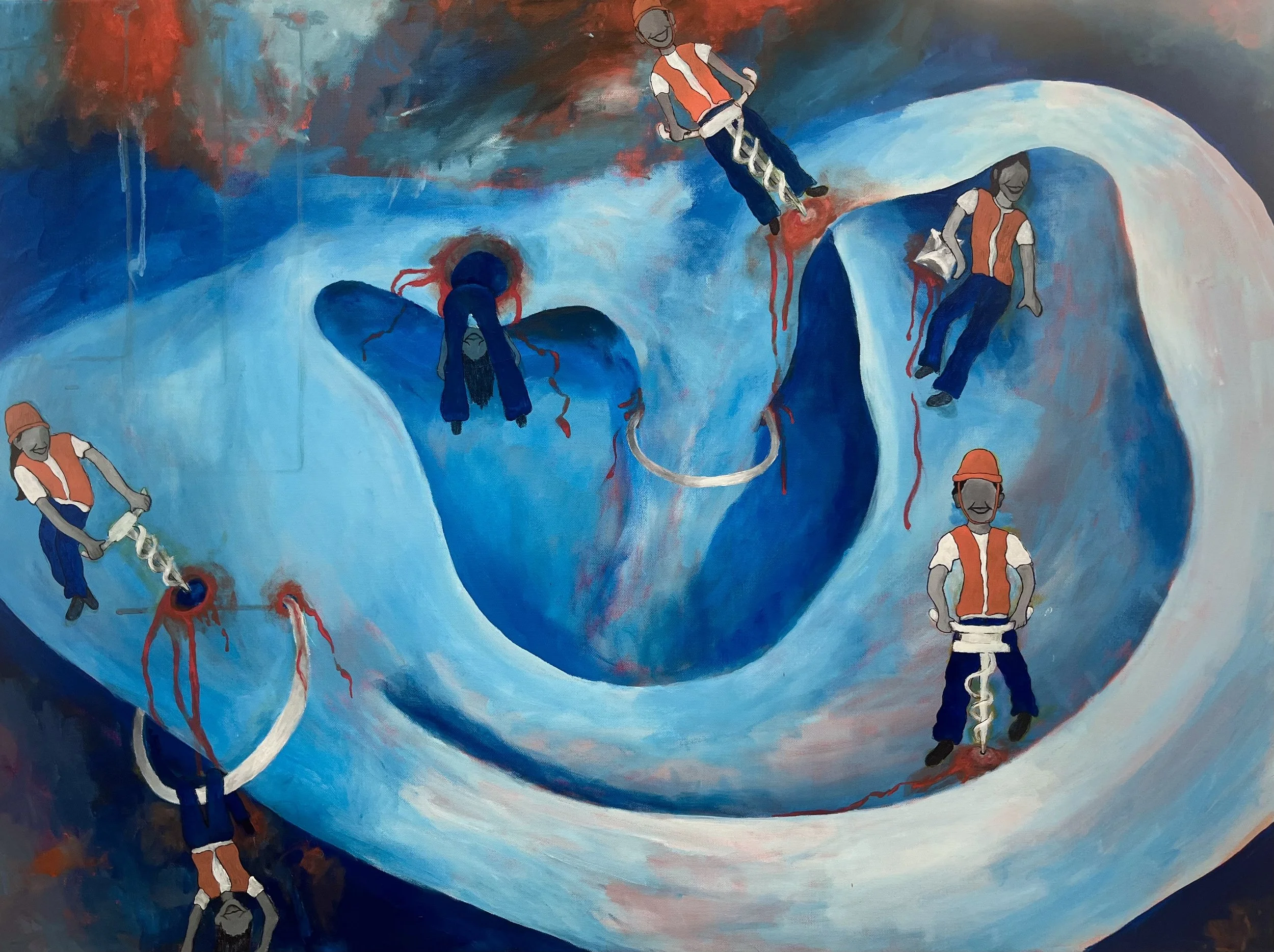 The Drilling Game, acrylics on 30in x 40in canvas, 2023