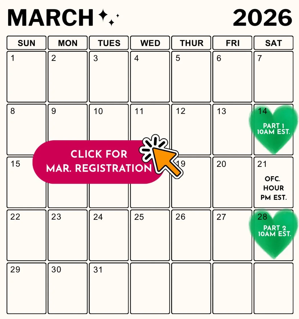 March 2026 Home Reset Workshop calendar highlighting March 14 and March 28 dates for the two-part monthly Home Energetics workshop with Katherine Troyer.