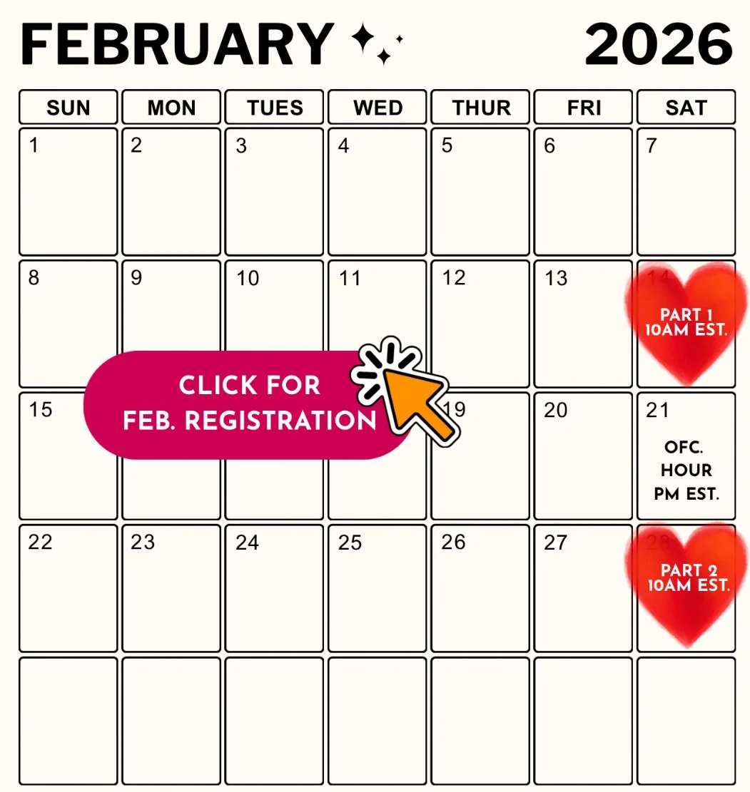 February 2026 Home Reset Workshop calendar showing February 14 and February 28 dates for Katherine Troyer’s Home Energetics live monthly workshop.