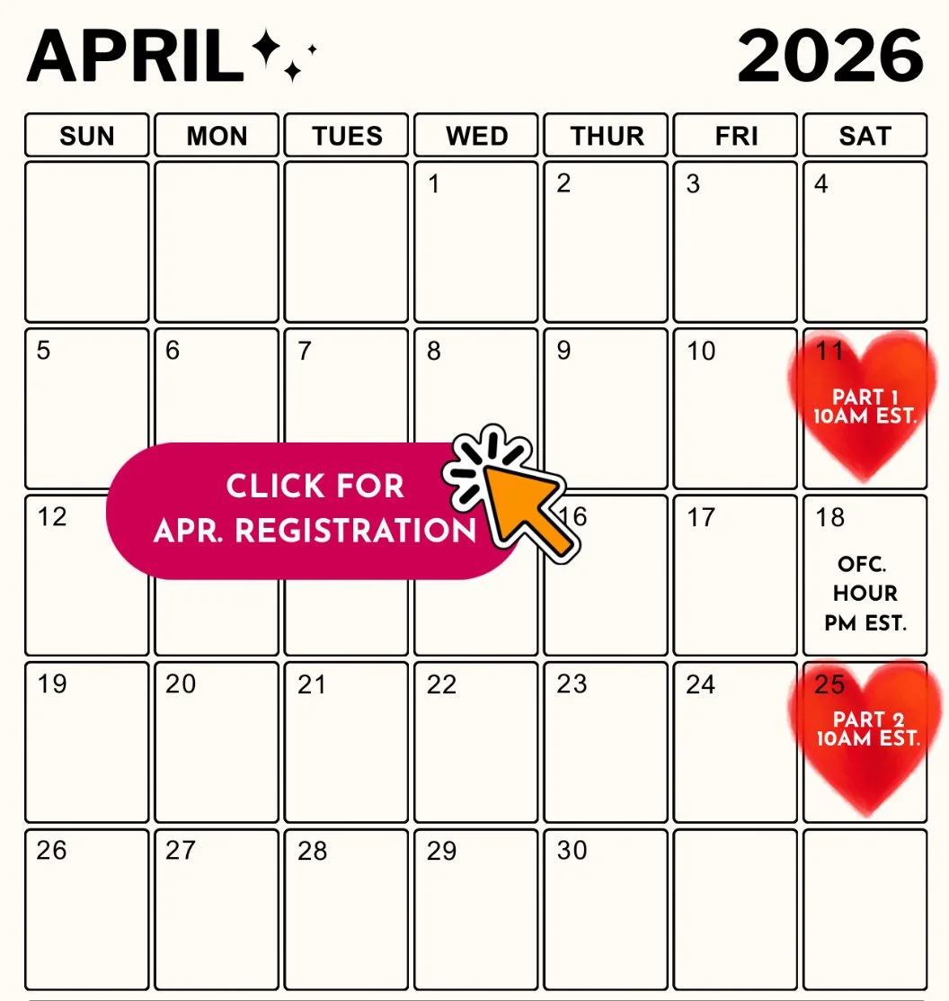 April 2026 Home Reset Workshop calendar listing April 11 and April 25 dates for Katherine Troyer’s live Home Energetics home alignment workshop.