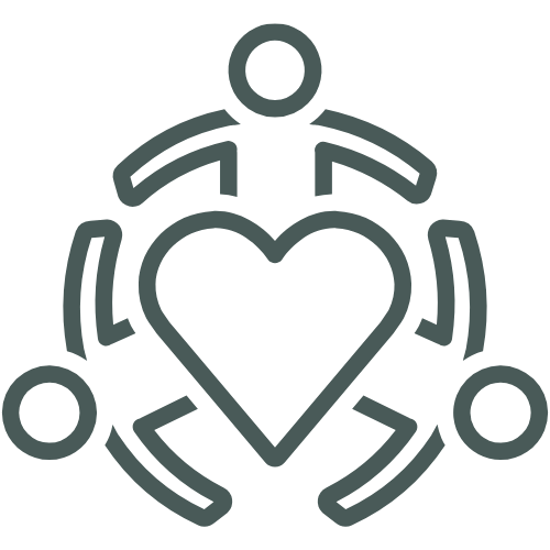 Simple line drawing of three human figures holding hands around a heart.
