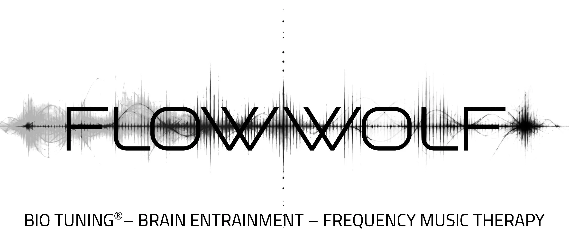 Stylized black text reading 'FLOWWAVE' with waveform audio graphics behind it and additional text below that says 'BIO TUNING - BRAIN ENTERTAINMENT - FREQUENCY MUSIC THERAPY'.