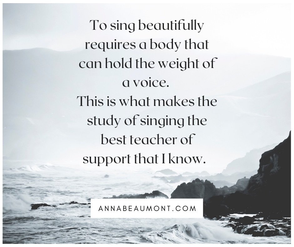 Inspirational quote about singing and the importance of supporting oneself to sing well, over a scenic background of ocean waves and rocky cliffs.