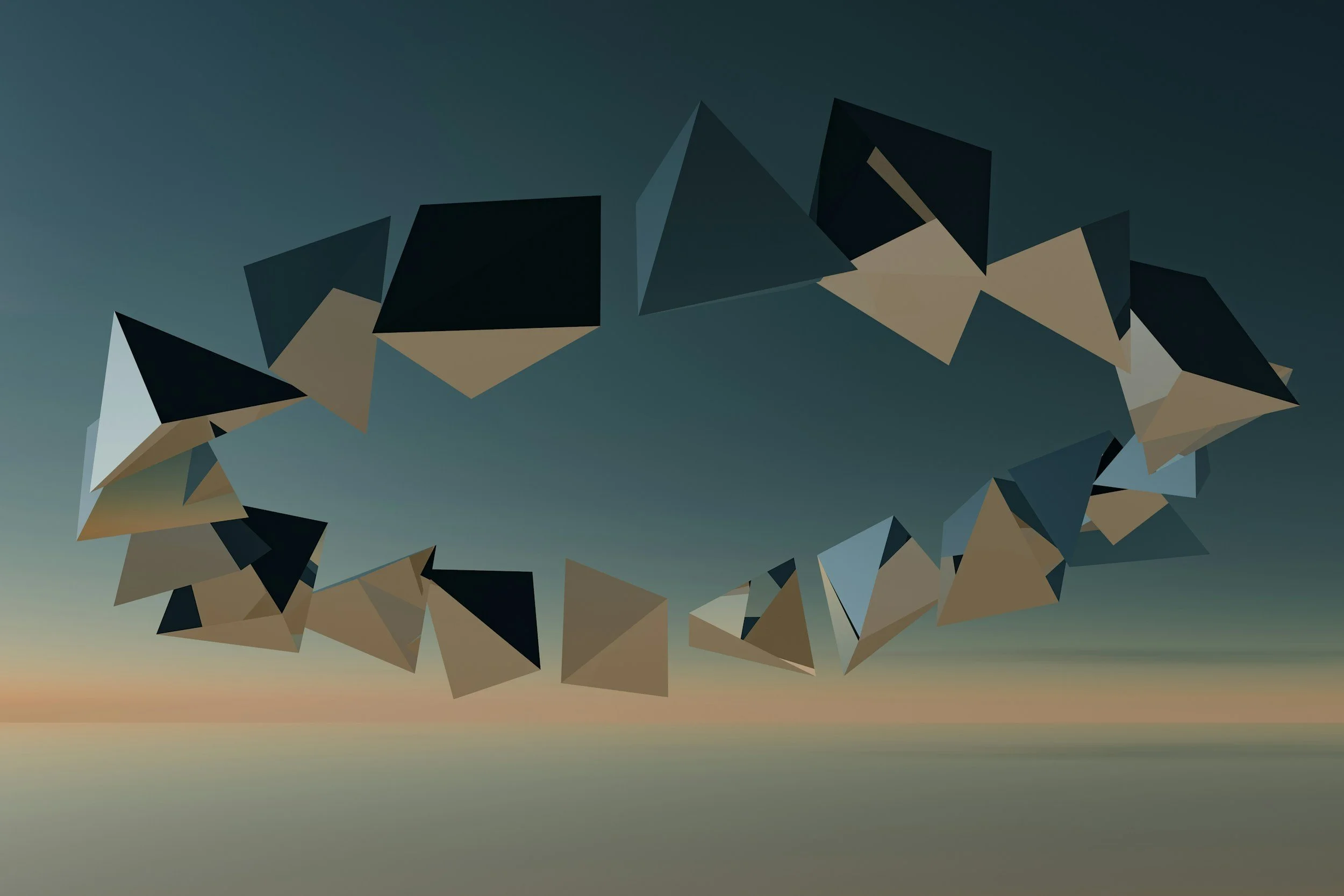 Abstract digital artwork featuring floating 3D triangles in black, beige, and gray tones against a gradient sky background.