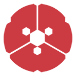 A red, stylized, circular illustration alluding to a Japanese flower or a machine widget.