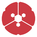 A red, stylized, circular illustration alluding to a Japanese flower or a machine widget.