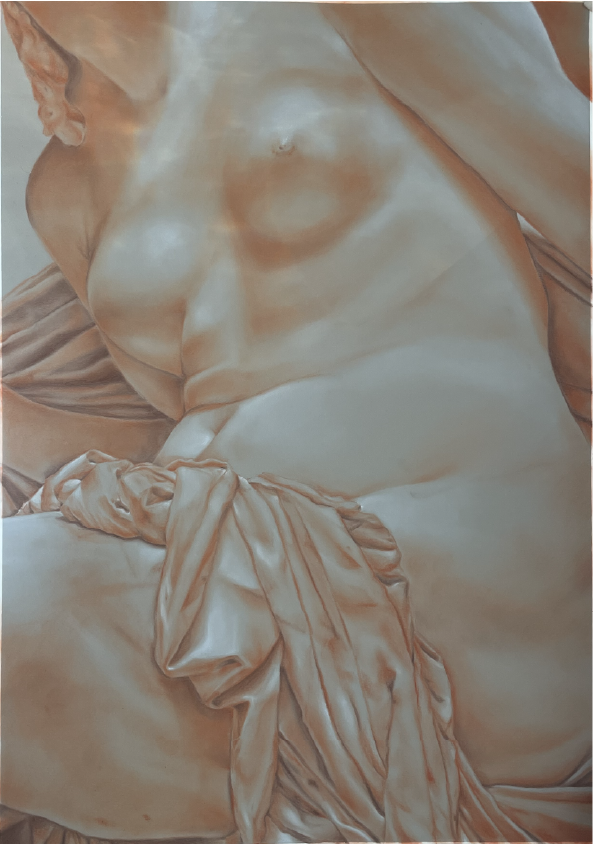 Painting in warm sepia tones of a detail from Begas' 'Susanna,' showing a torso and hip with draped fabric folds