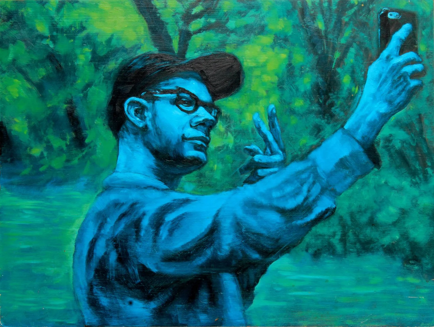 Painting of a man in glasses and a baseball cap holding up a phone to take a selfie, rendered in cool blue tones against a green wooded background.