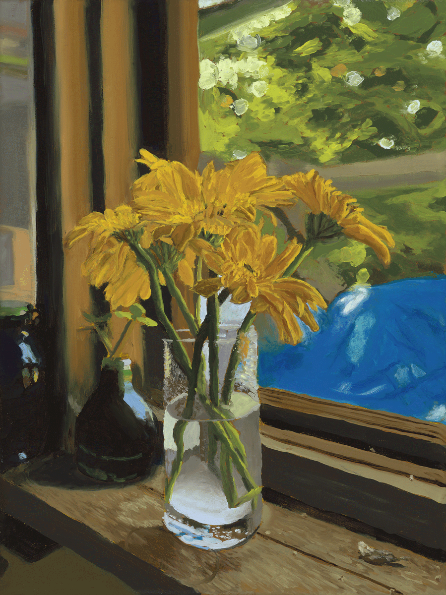 Painting of yellow daisies in a glass vase on a windowsill, with a blue cloth and greenery visible through the window