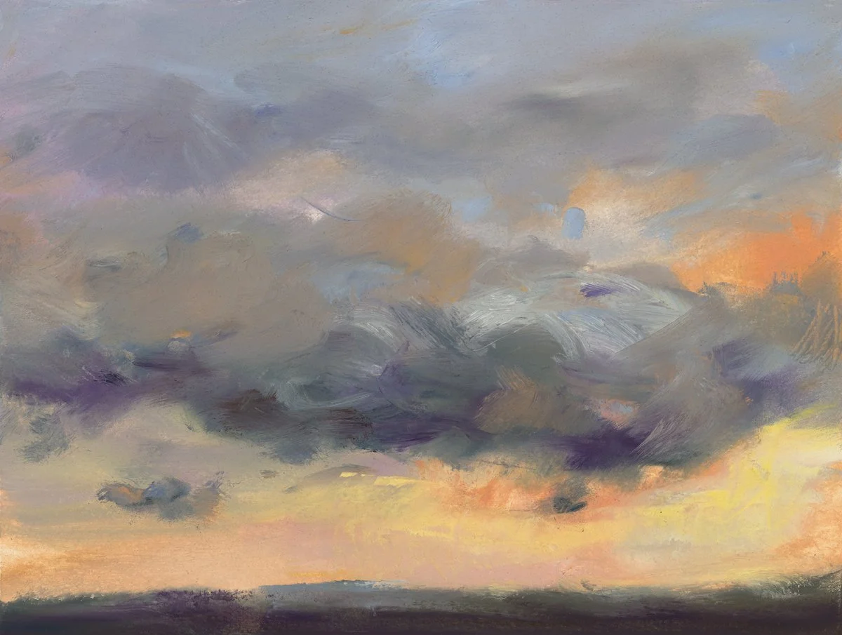 Painting of a dramatic cloudy sky at sunset, with deep gray and purple clouds glowing orange and gold along the horizon.