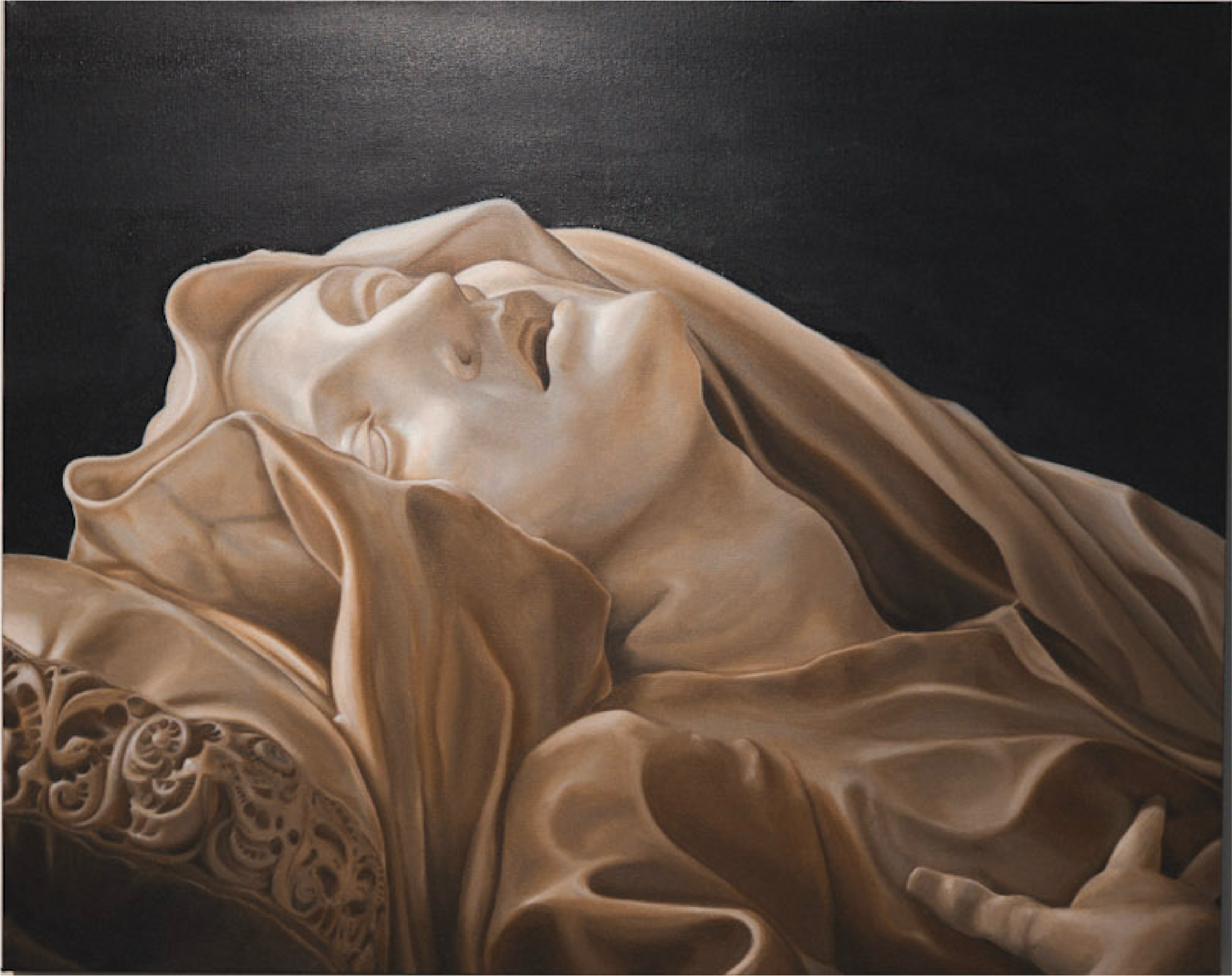 Painting in soft beige and black tones of a detail from Bernini's "Ecstasy of Death" (Ludovica Albertoni), showing her face in profile, eyes closed, head tilted back, against a dark background