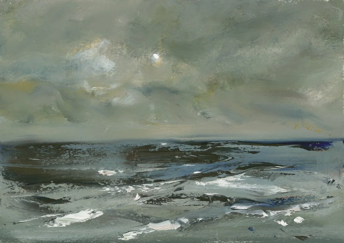 Painting of a stormy sea under a heavy gray sky, with white-capped waves rolling toward the shore in muted blue and olive tones