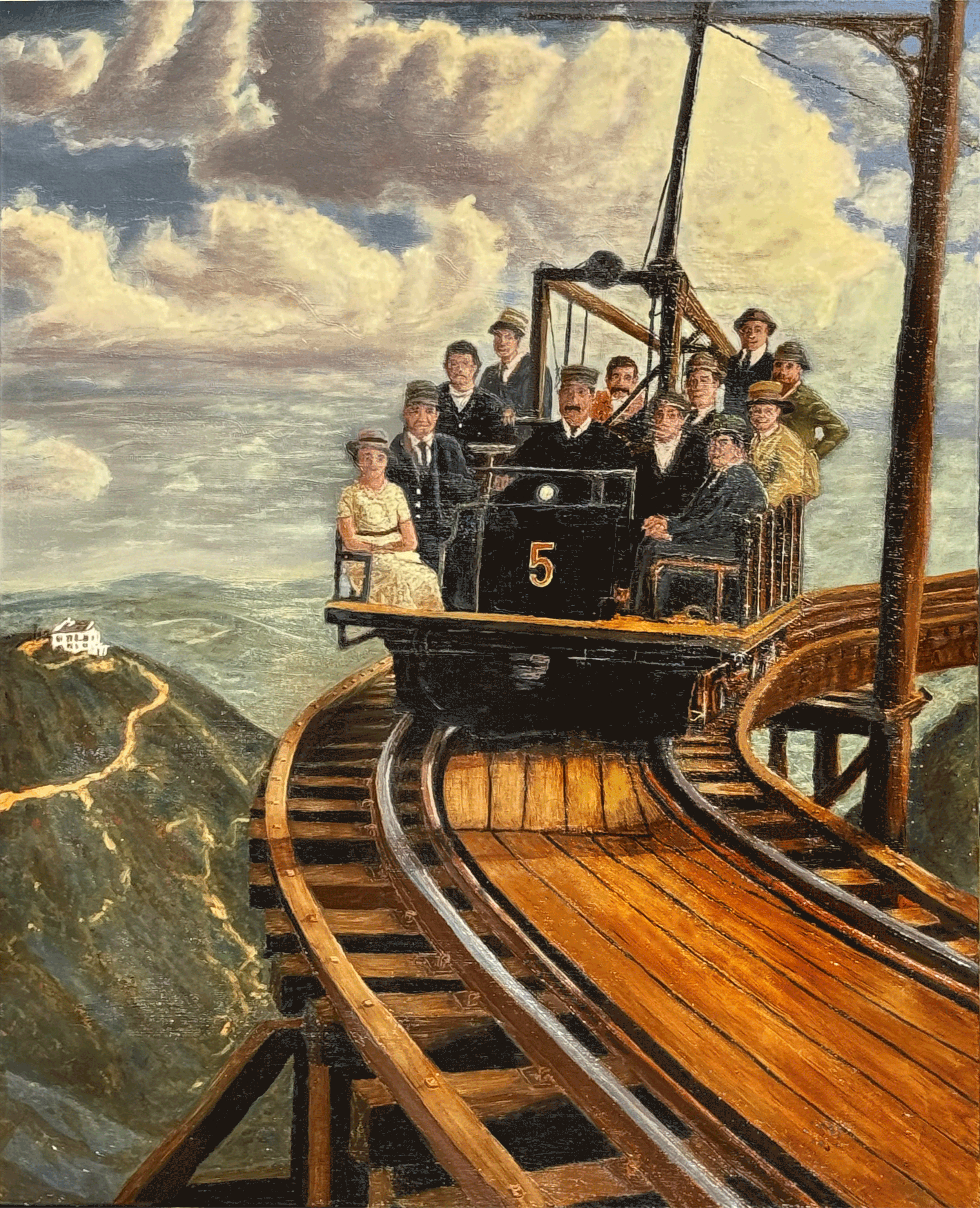 Painting of a group of people riding an open-air mountain tram numbered 5, overlooking a sweeping valley under a cloudy sky