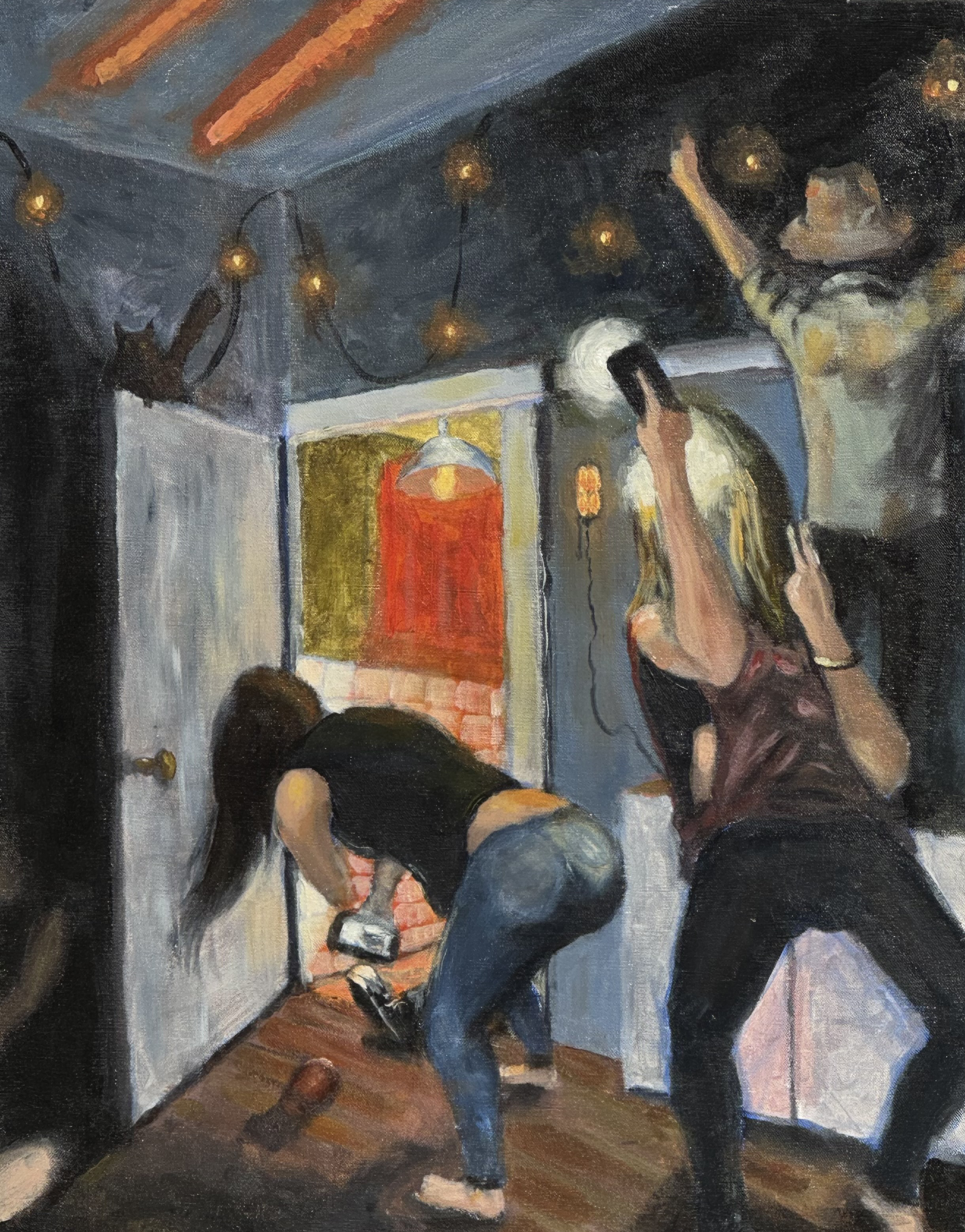 Painting of three figures in a dimly lit room strung with small lights: one bent over taking a photo with a flash, one raising a phone overhead, and one with arms raised near a doorway