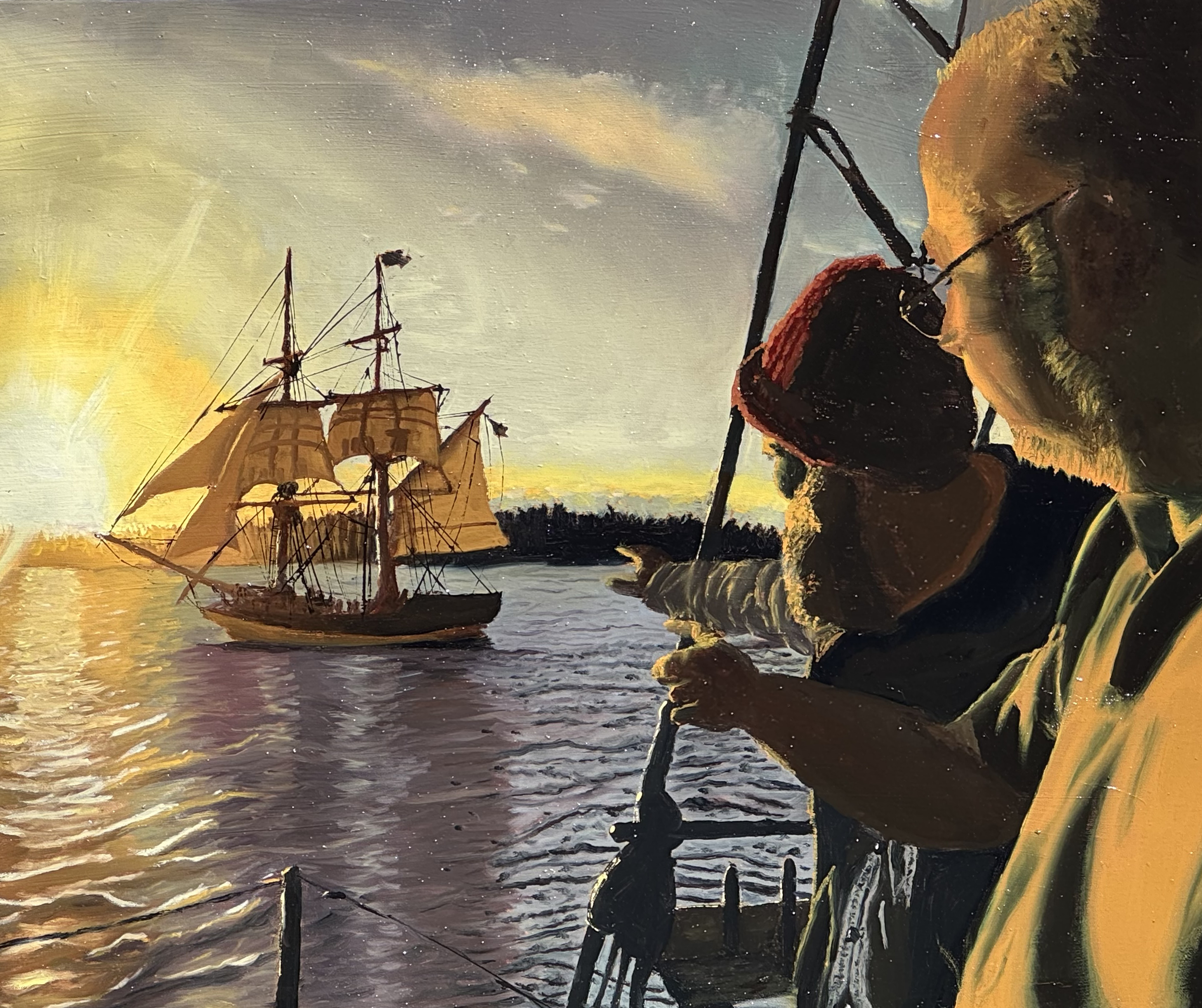 Painting of the artist and his son on a boat deck at Olympia Bay, looking out at a tall sailing ship at sunset with golden light on the water.