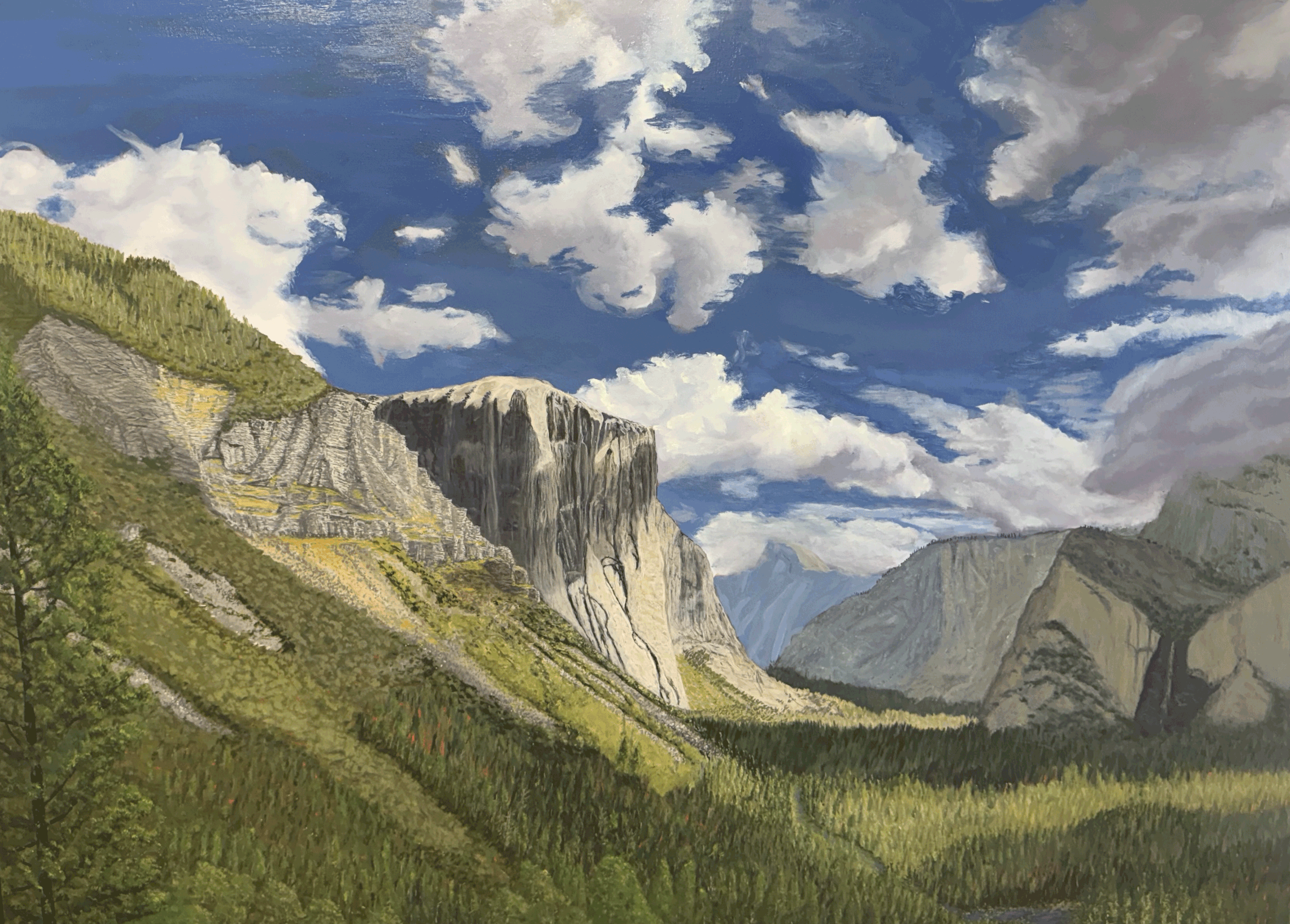 Painting of El Capitan, a steep granite cliff in Yosemite Valley, with dramatic white clouds filling a blue sky
