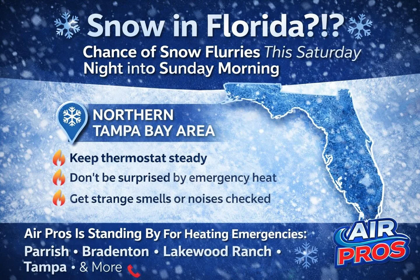 ❄️ Snow in Florida?! ❄️
It sounds wild, but it&rsquo;s possible.
Forecast models are showing a chance for snow flurries Saturday night into early Sunday morning, especially in parts of the northern Tampa Bay area as a strong cold system moves through
