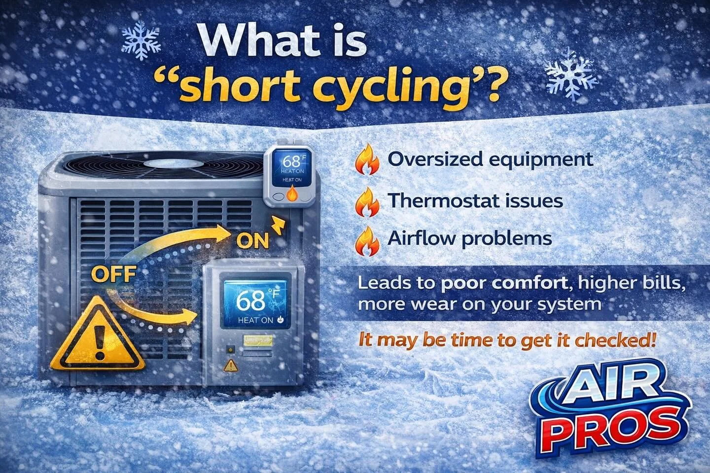 What is &ldquo;short cycling&rdquo;?
Short cycling happens when your system turns on and off too frequently. It can be caused by:
&bull; oversized equipment
&bull; thermostat issues
&bull; ect
This leads to poor comfort, higher bills, and more wear o