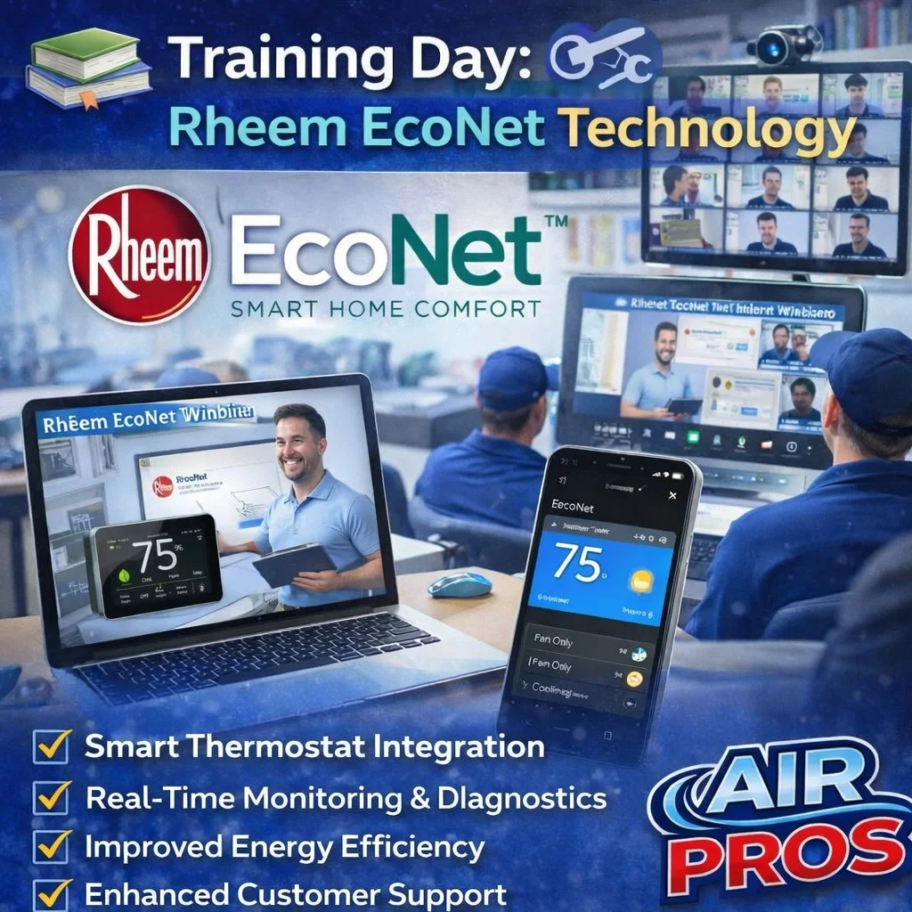 📚🔧 Training Day: Rheem EcoNet Technology
Today we&rsquo;re continuing our education with Rheem EcoNet&reg; training, learning more about the latest smart HVAC technology designed to improve comfort, efficiency, and system performance.
Staying up to