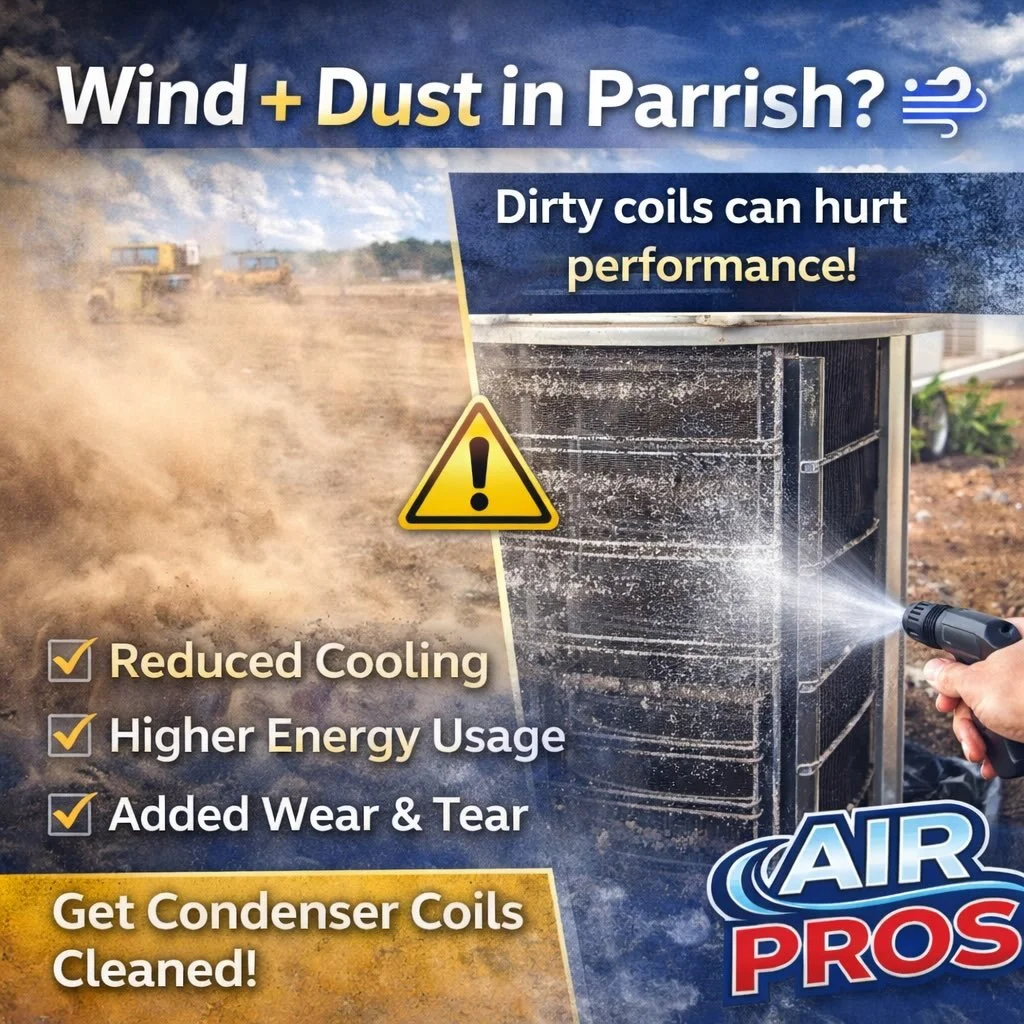 🌬️🏜️ Windy conditions in Parrish? Here&rsquo;s what that means for your AC.
We&rsquo;ve been seeing videos around Parrish showing high winds picking up sand and dust &mdash; especially with so much open, cleared land in the area. While it might jus