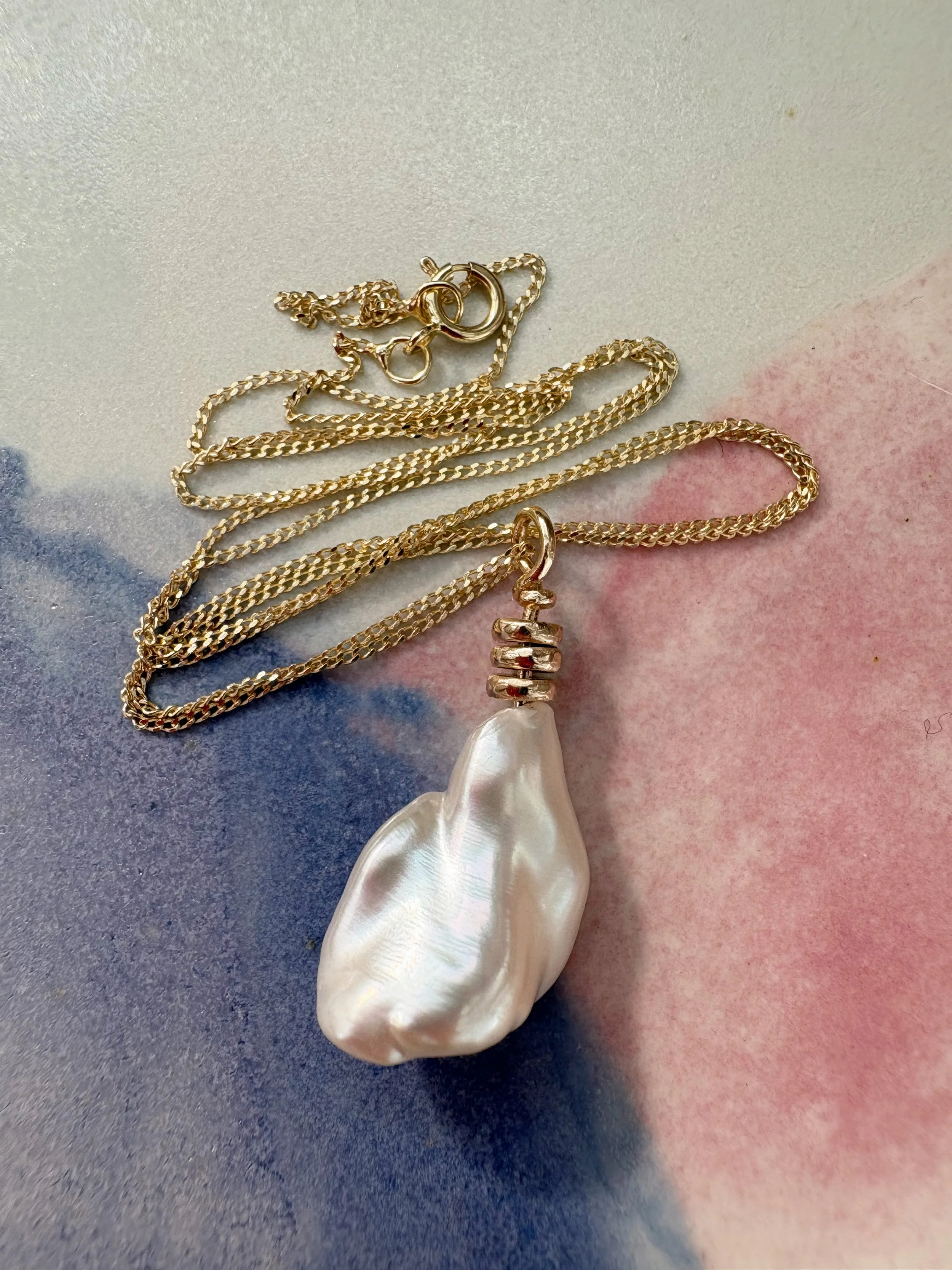 Abacus flowing large white keshi pearl necklace, 9ct gold