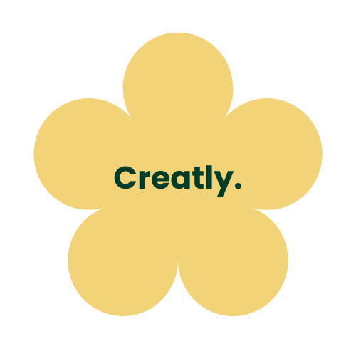 A beige flower-shaped graphic with the word 'Creatly.' in bold green text at the center.