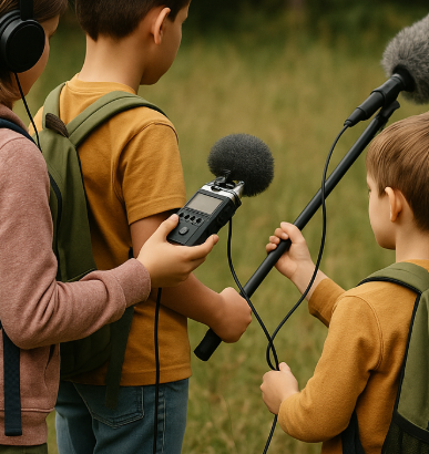 Three children outdoors with headphones and backpacks, holding a microphone and audio recording device, possibly for an interview or audio project.