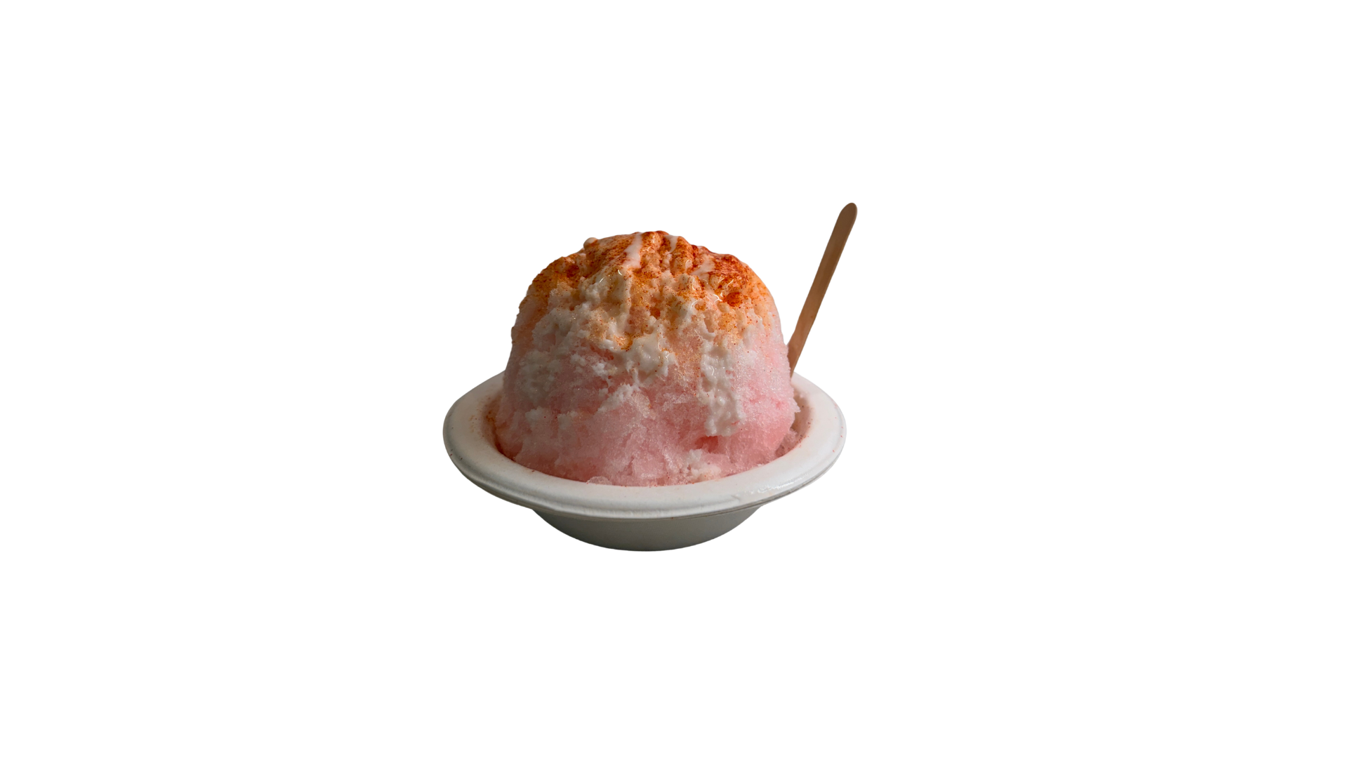 A bowl of pink and white shaved ice with a wooden spoon and a sprinkle of red topping.